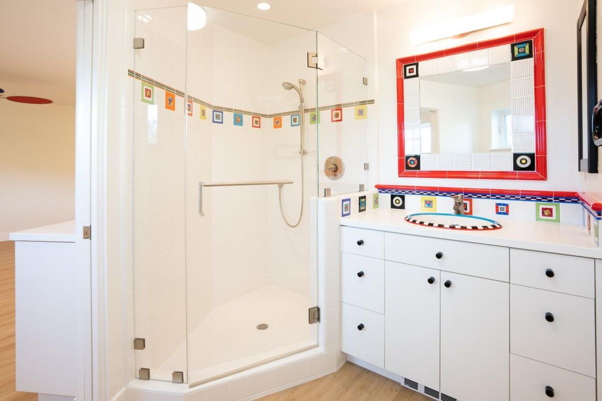 Bathroom, Glass Shower, Interior, Recessed Lighting, Wood Texture Flooring