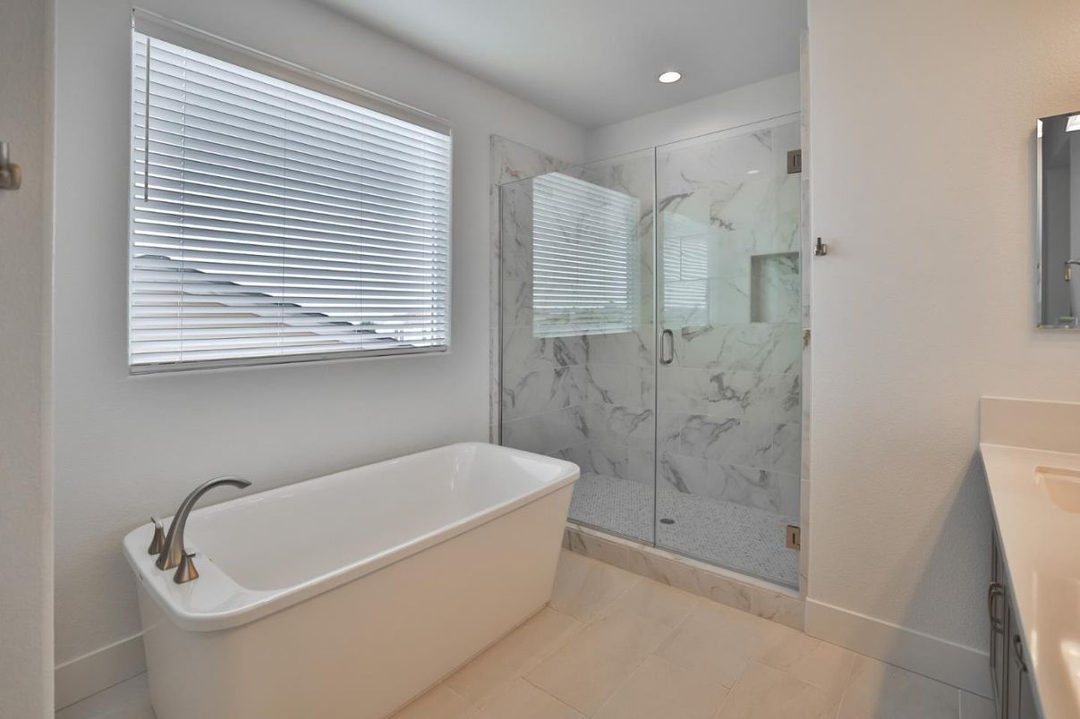 Bathroom, Free Standing Baths, Glass Shower, Interior, Marble Walls, Recessed Lighting