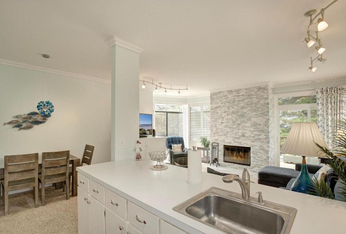 Dining room, Fireplace, Interior, Kitchen, Living room, Pendant Lights, Stone Walls