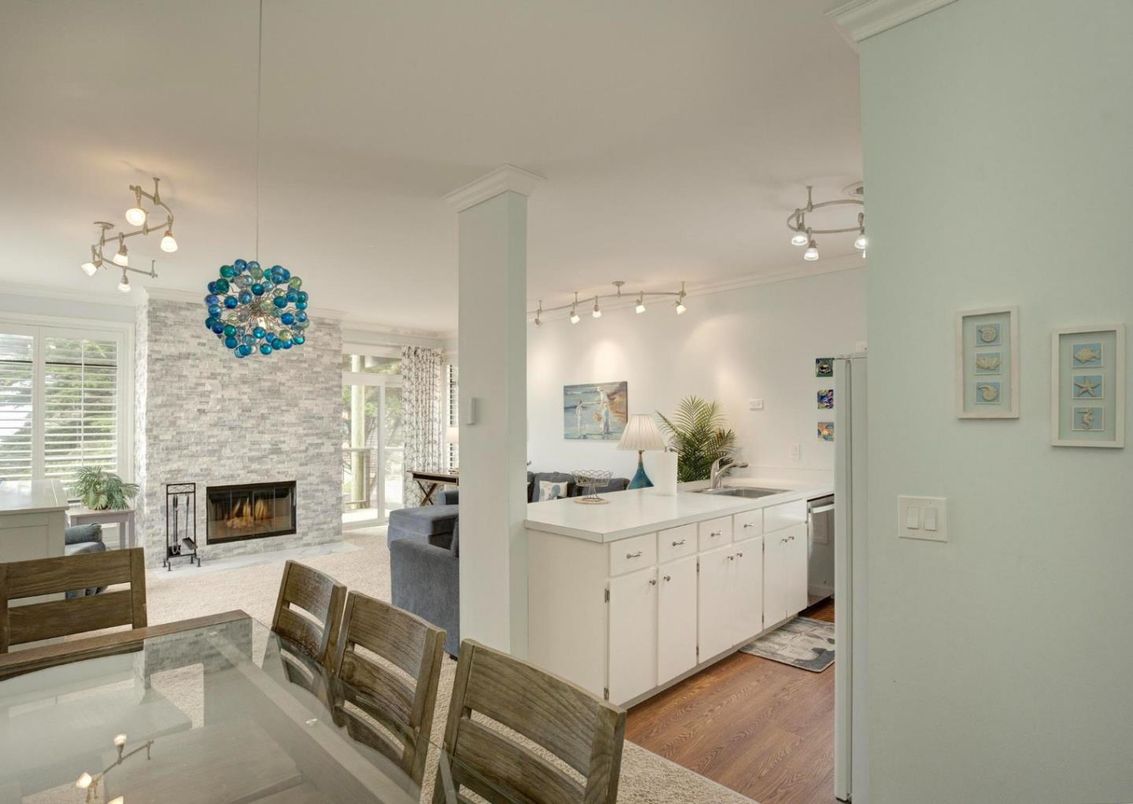 Fireplace, Interior, Kitchen, Living room, Pendant Lights, Stone Walls, Wood Texture Flooring