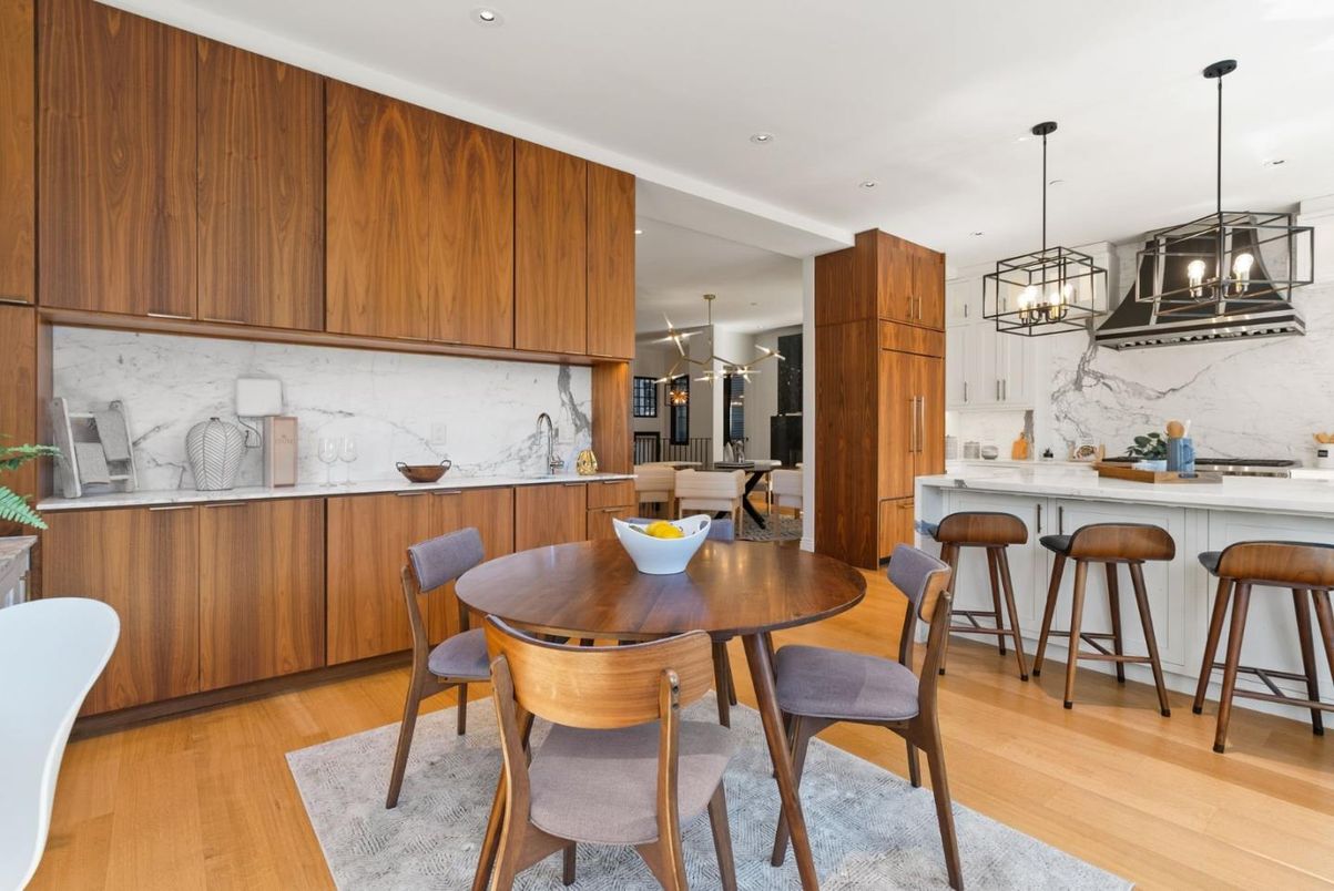 Dining room, Interior, Kitchen, Marble Walls, Pendant Lights, Recessed Lighting, Wood Texture Flooring
