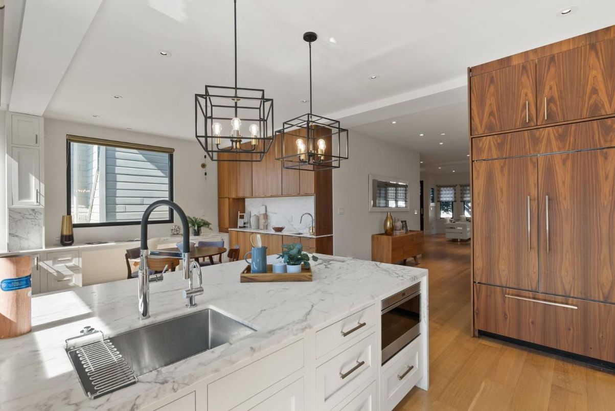 Interior, Kitchen, Pendant Lights, Recessed Lighting, Wood Texture Flooring