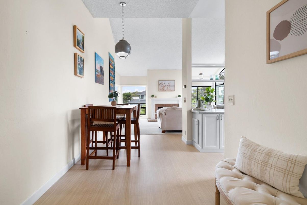 Dining room, Fireplace, Interior, Living room, Pendant Lights, Wood Texture Flooring