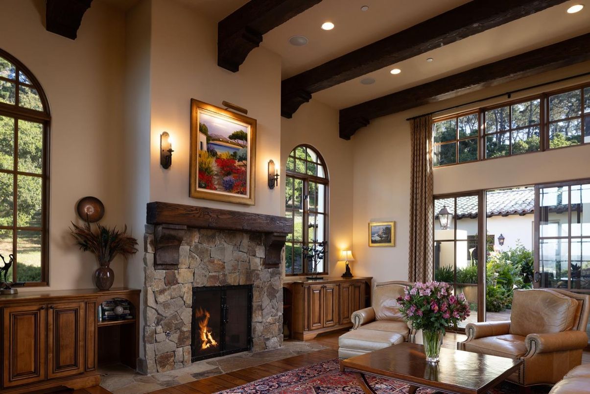 Fireplace, Interior, Living room, Recessed Lighting, Wooden Beams