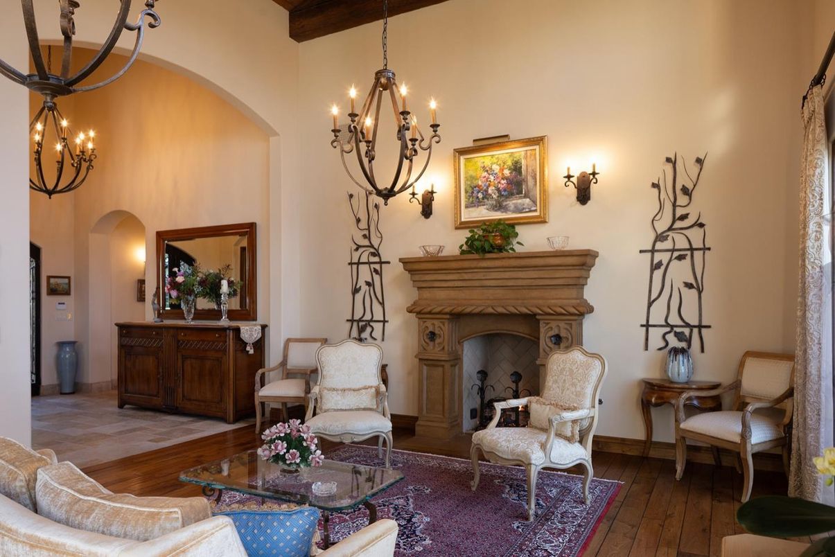 Chandelier, Fireplace, Interior, Living room, Wooden Beams, Wood Texture Flooring