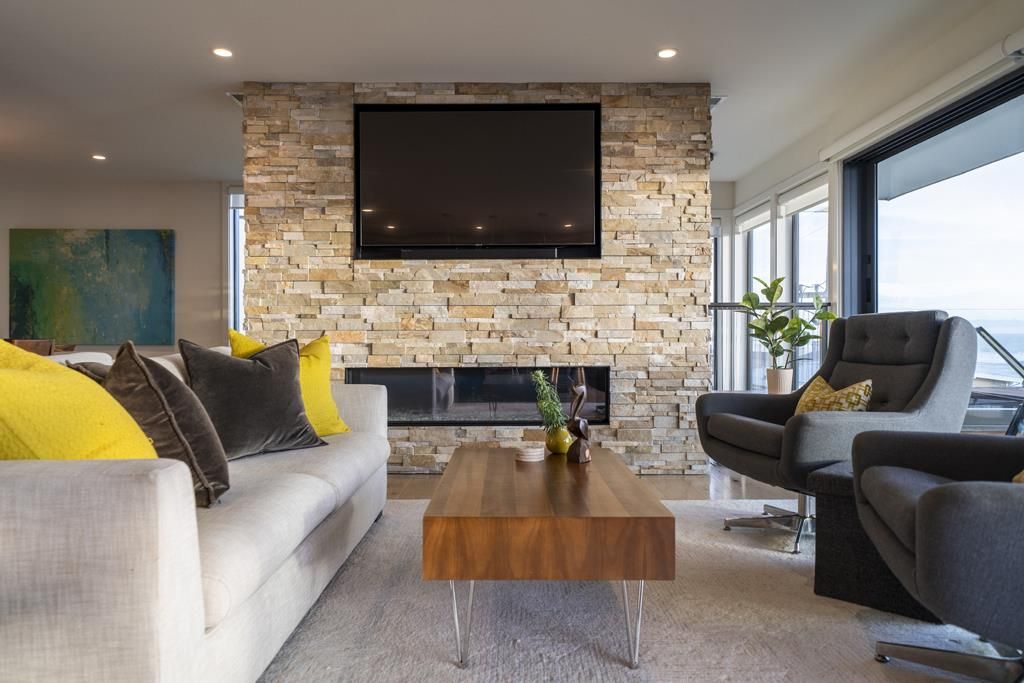 Fireplace, Interior, Living room, Recessed Lighting, Stone Walls