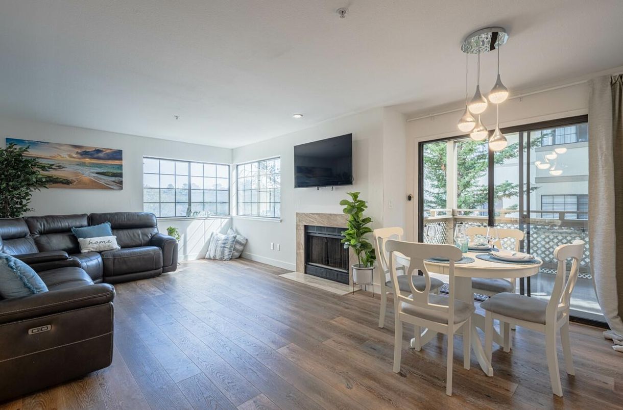 Dining room, Fireplace, Interior, Living room, Pendant Lights, Wood Texture Flooring