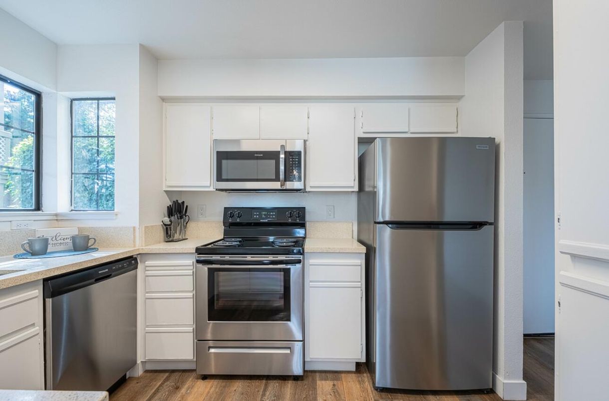 Interior, Kitchen, Stainless Steel Appliances, Wood Texture Flooring