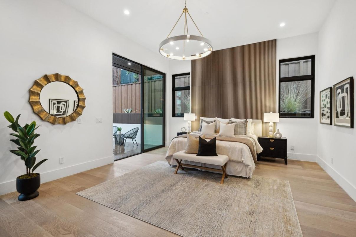 Bedroom, Interior, Pendant Lights, Recessed Lighting, Wood Texture Flooring