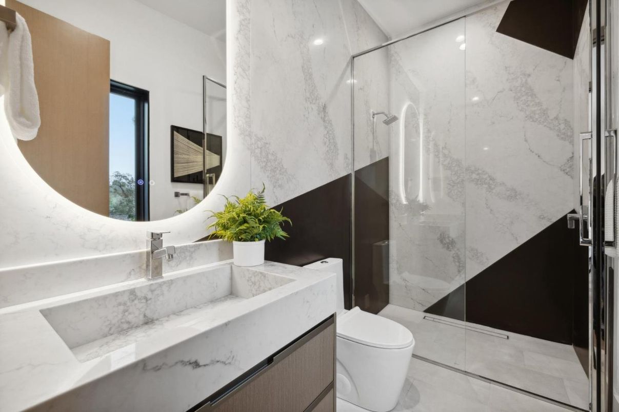 Bathroom, Glass Shower, Interior, Marble Walls, Recessed Lighting
