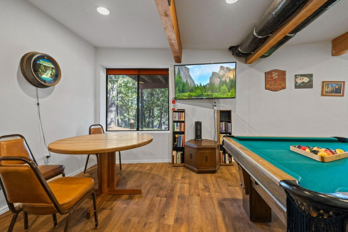 Billiard Table, Game Room, Interior, Recessed Lighting, Wooden Beams, Wood Texture Flooring