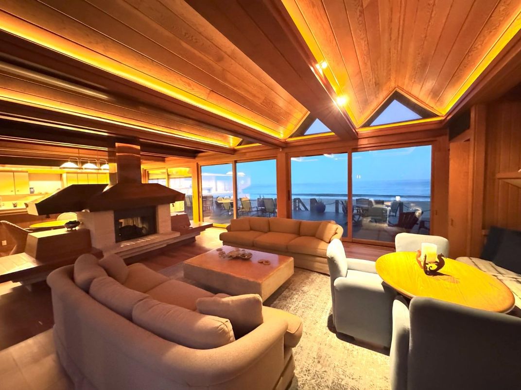 Dining room, Fireplace, Interior, Living room, Pendant Lights, Water, Wooden Ceilings