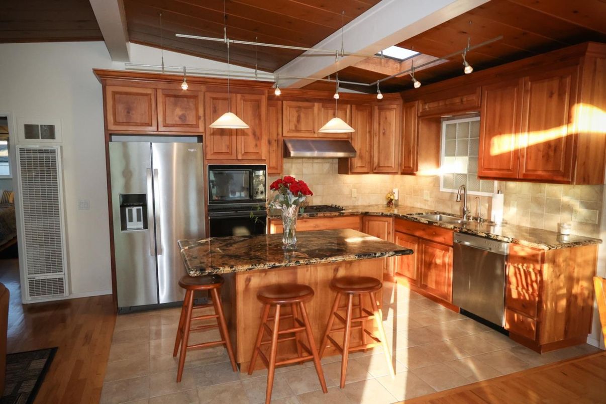 Interior, Kitchen, Pendant Lights, Stainless Steel Appliances, Wooden Ceilings, Wood Texture Flooring