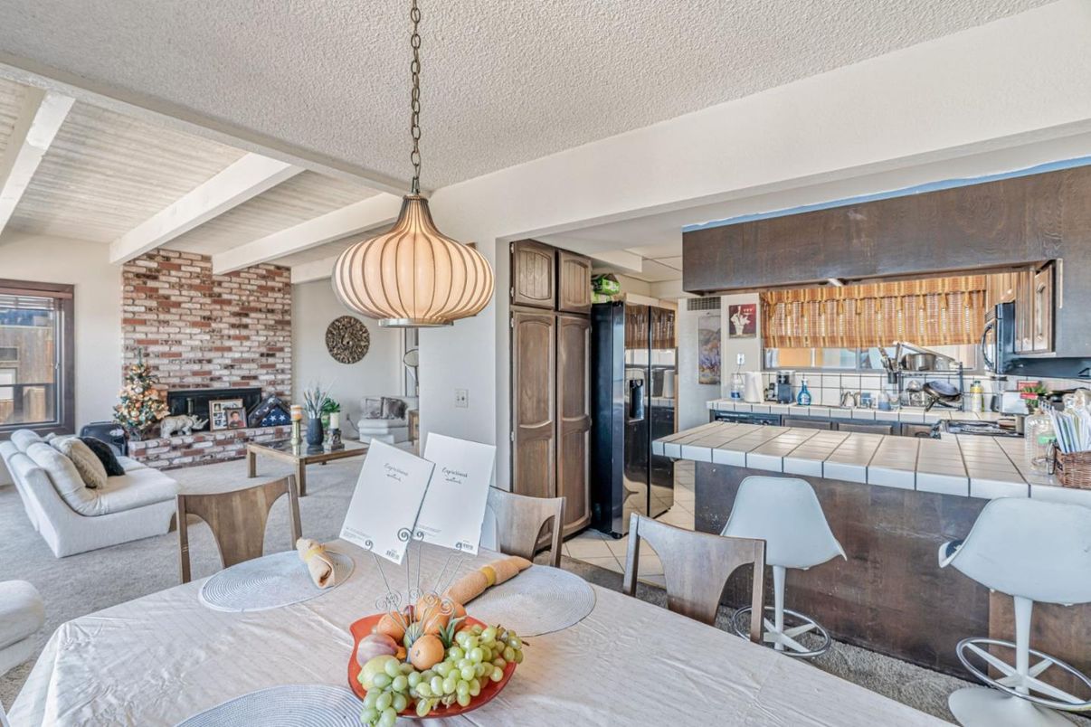 Dining room, Fireplace, Interior, Kitchen, Living room, Pendant Lights, Stone Walls