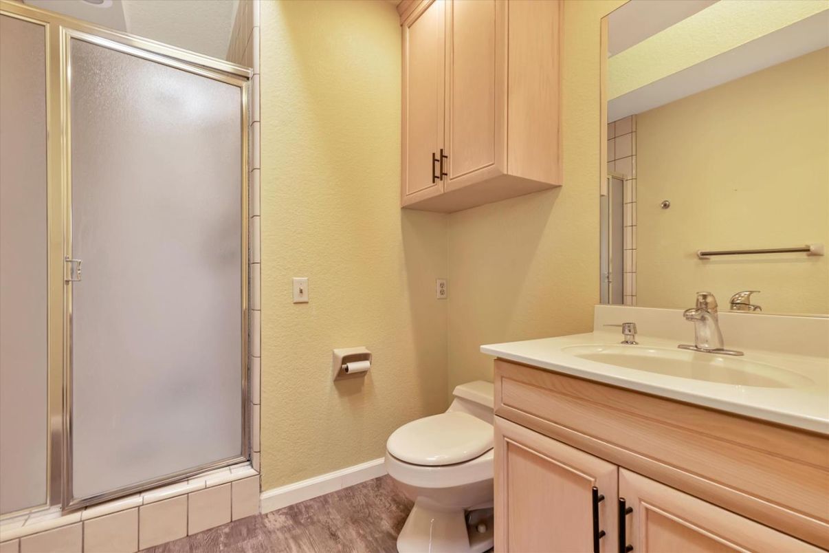 Bathroom, Glass Shower, Interior, Wood Texture Flooring