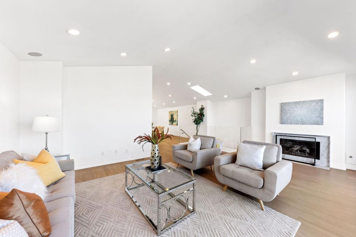 Fireplace, Interior, Living room, Recessed Lighting, Wood Texture Flooring