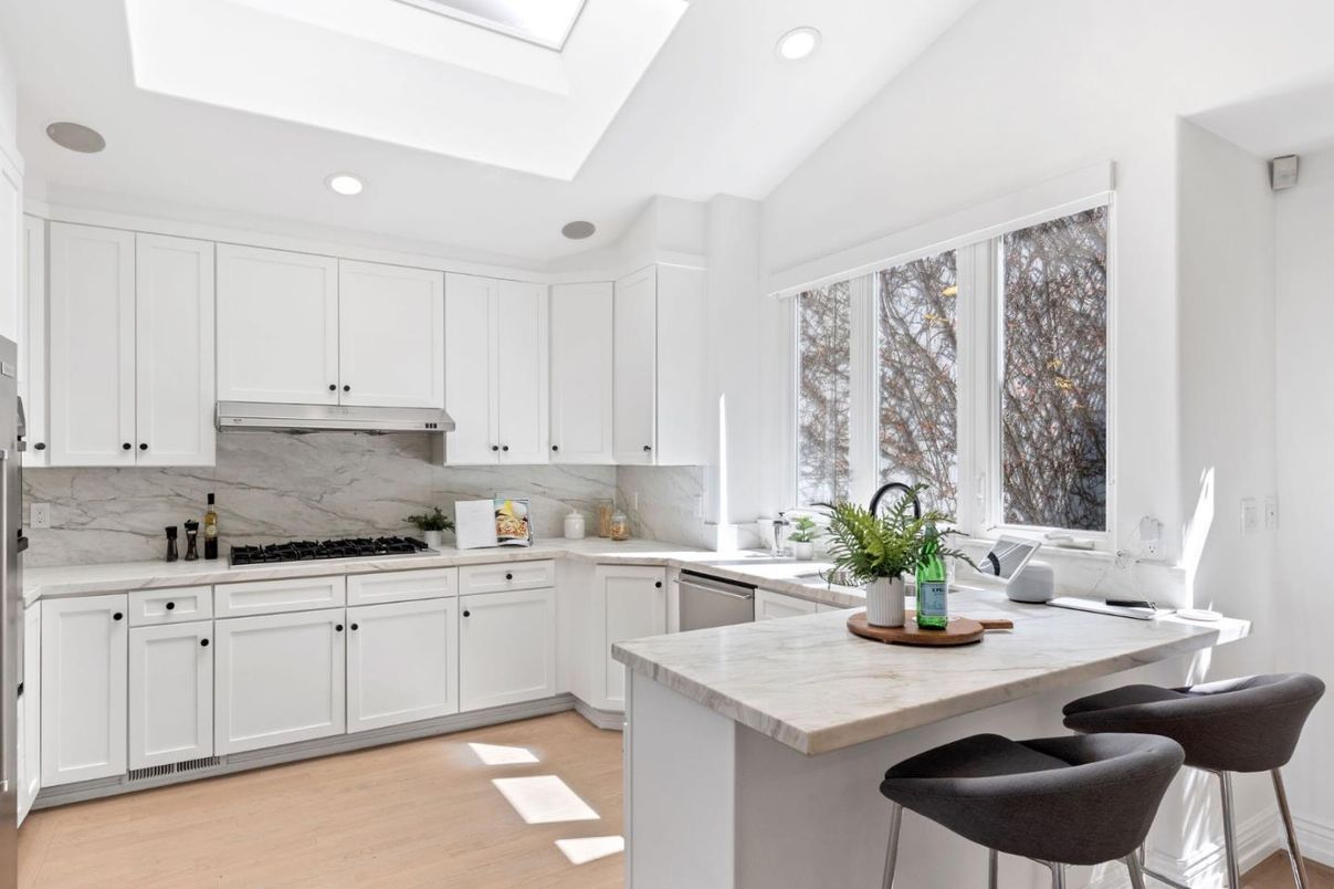 Interior, Kitchen, Marble Walls, Recessed Lighting, Wood Texture Flooring