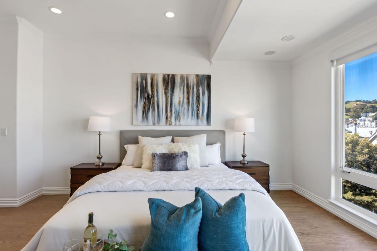 Bedroom, Interior, Recessed Lighting, Wood Texture Flooring
