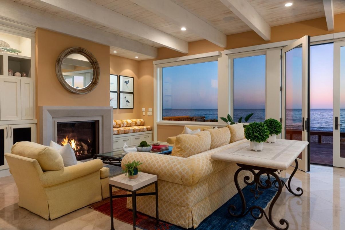 Fireplace, Interior, Living room, Recessed Lighting, Water, Wooden Ceilings