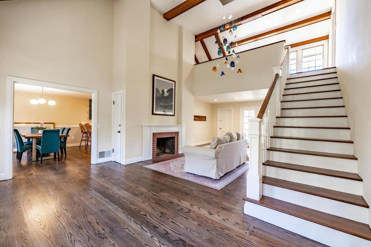 Dining room, Fireplace, Interior, Living room, Pendant Lights, Recessed Lighting, Wooden Beams, Wood Texture Flooring