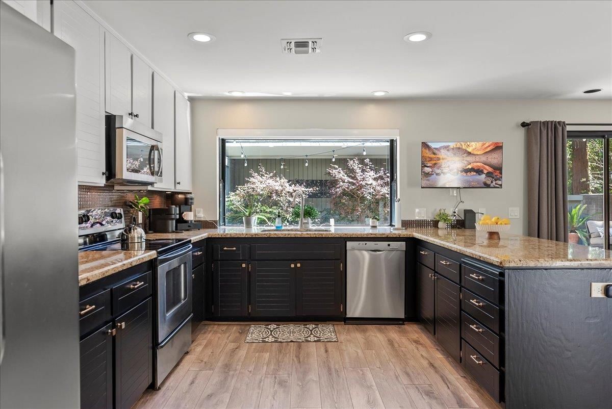 Interior, Kitchen, Recessed Lighting, Stainless Steel Appliances, Wood Texture Flooring