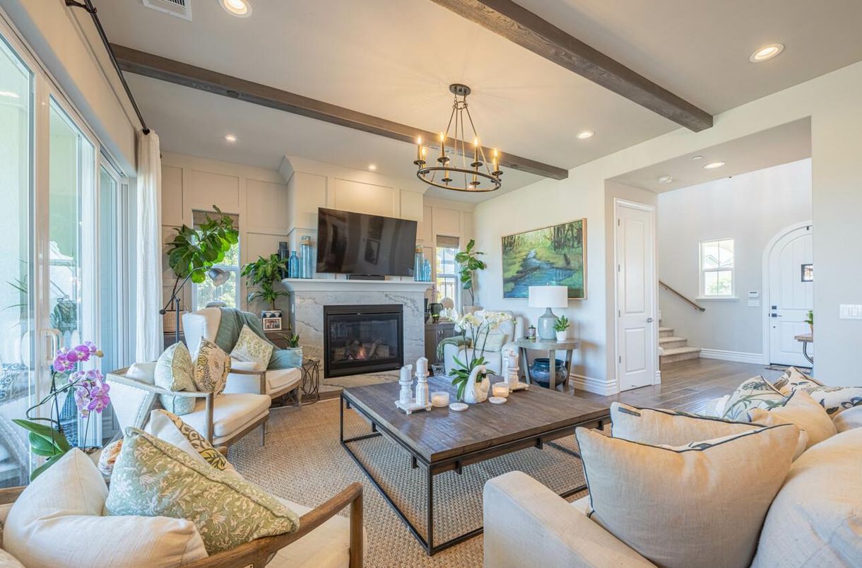 Chandelier, Fireplace, Interior, Living room, Recessed Lighting, Wooden Beams, Wood Texture Flooring