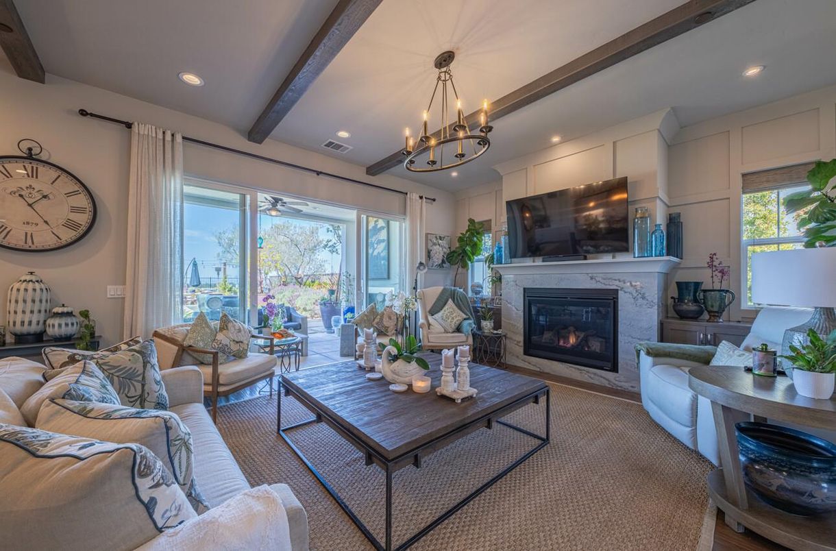 Chandelier, Fireplace, Interior, Living room, Recessed Lighting, Wooden Beams