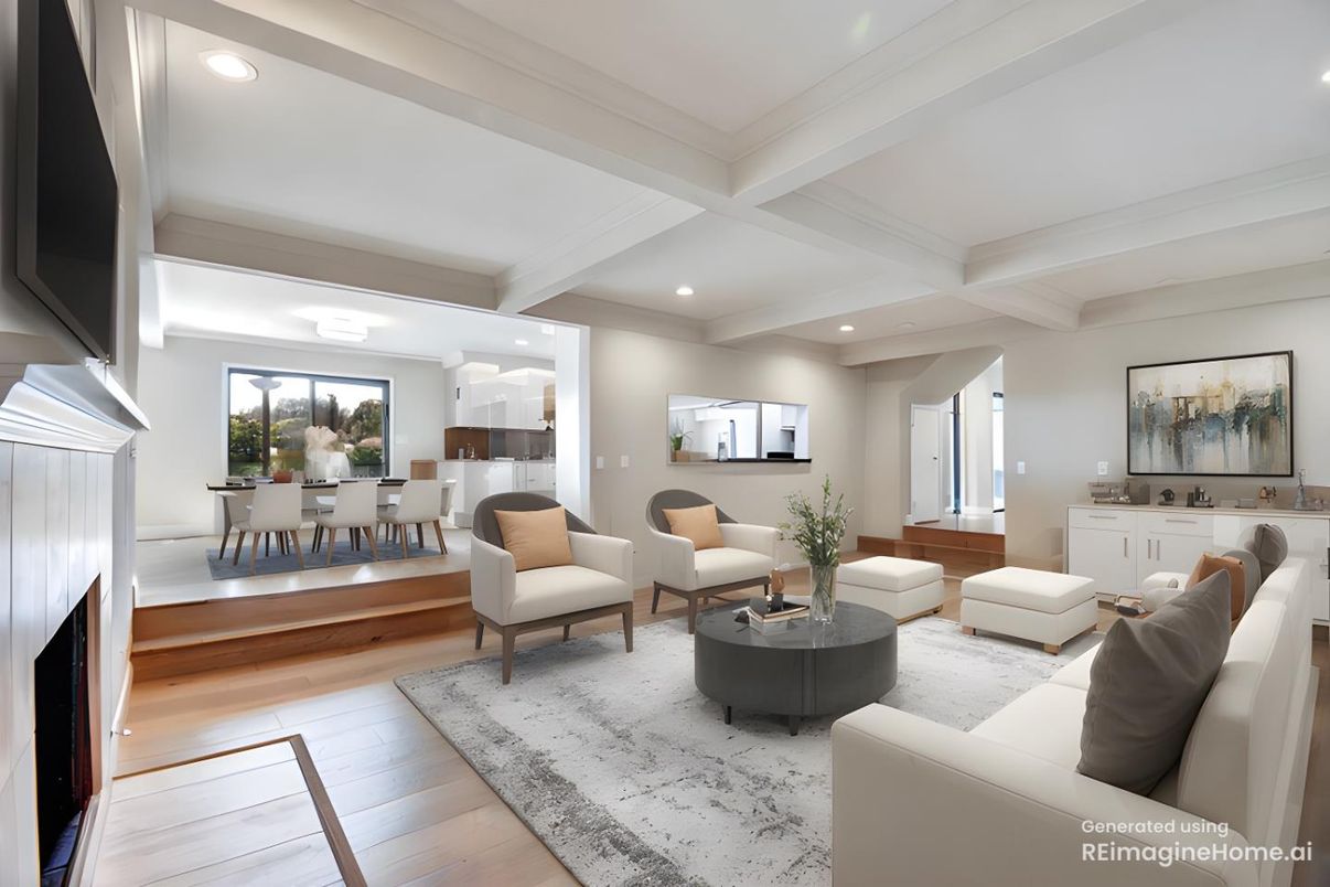 Dining room, Interior, Living room, Recessed Lighting, Wood Texture Flooring