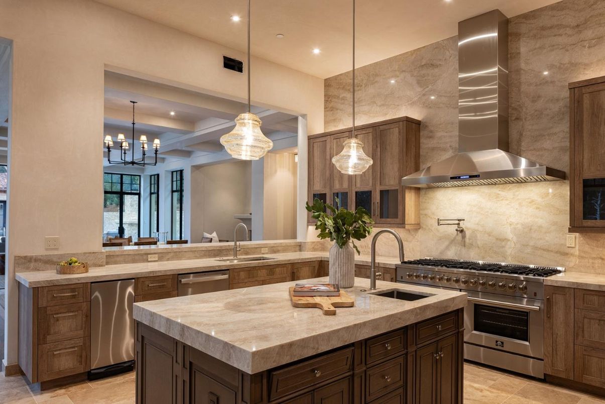 Chandelier, Interior, Kitchen, Pendant Lights, Recessed Lighting, Stainless Steel Appliances