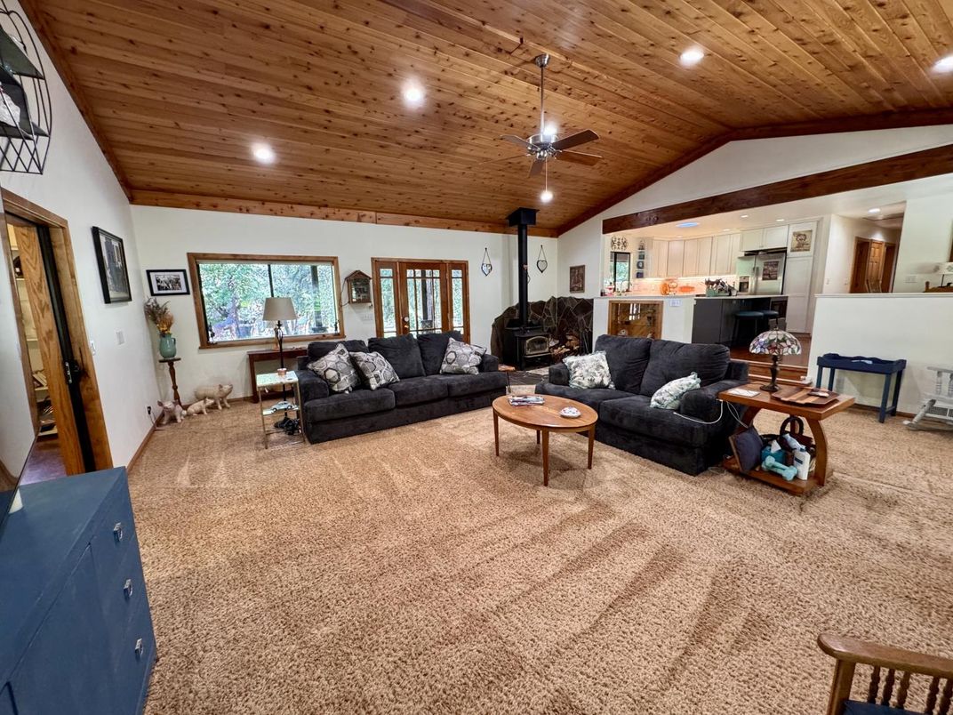 Fireplace, Interior, Living room, Recessed Lighting, Wooden Ceilings