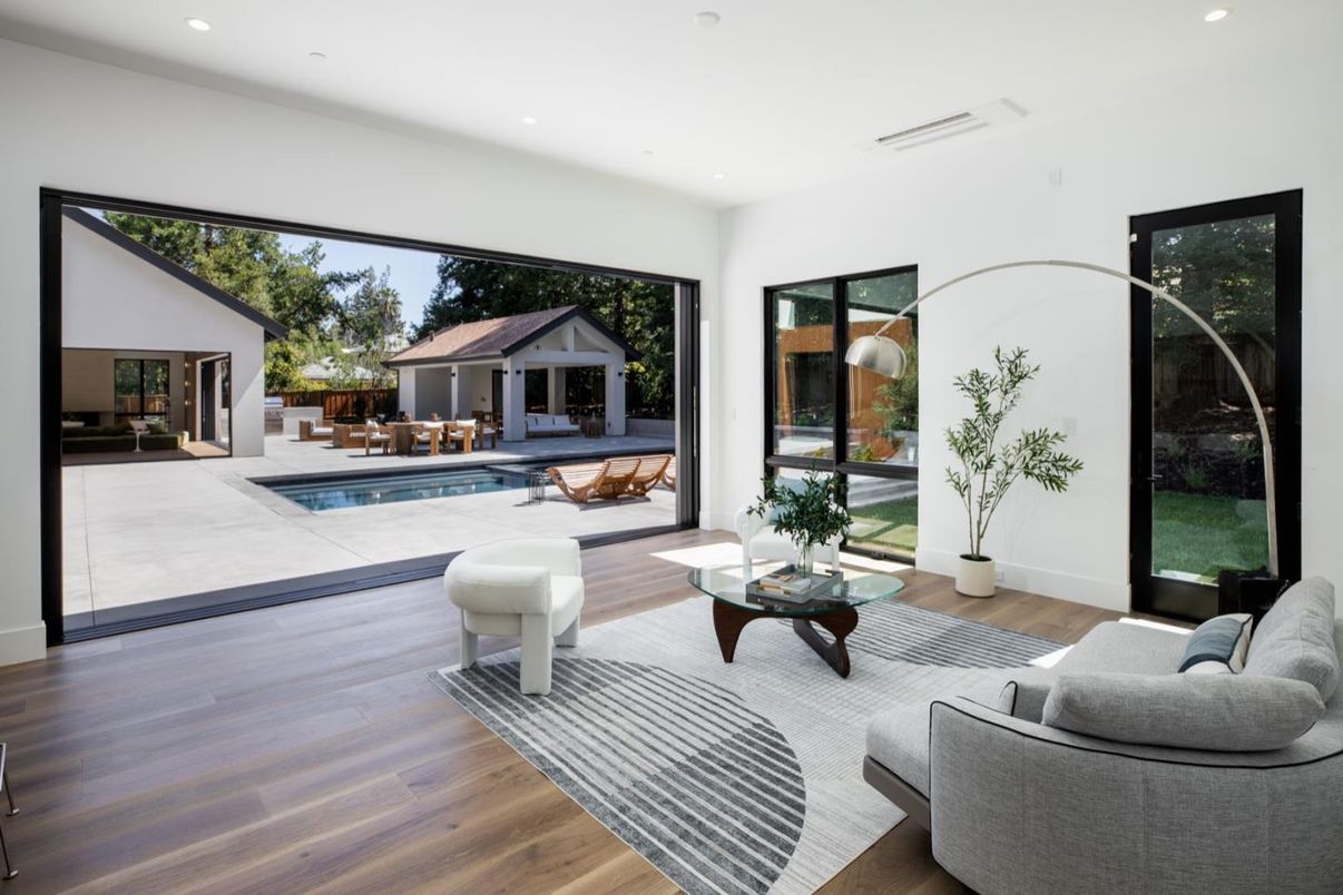 Interior, Living room, Pool, Recessed Lighting, Wood Texture Flooring