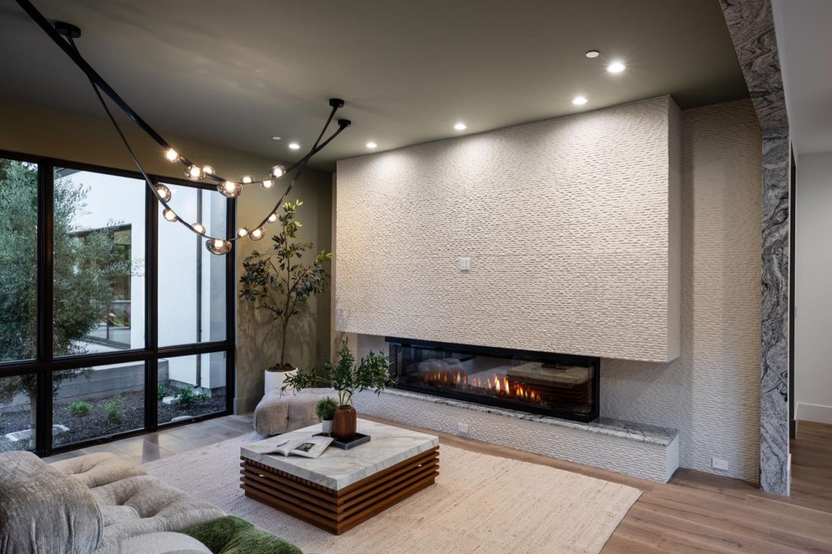 Fireplace, Interior, Living room, Pendant Lights, Recessed Lighting, Wood Texture Flooring