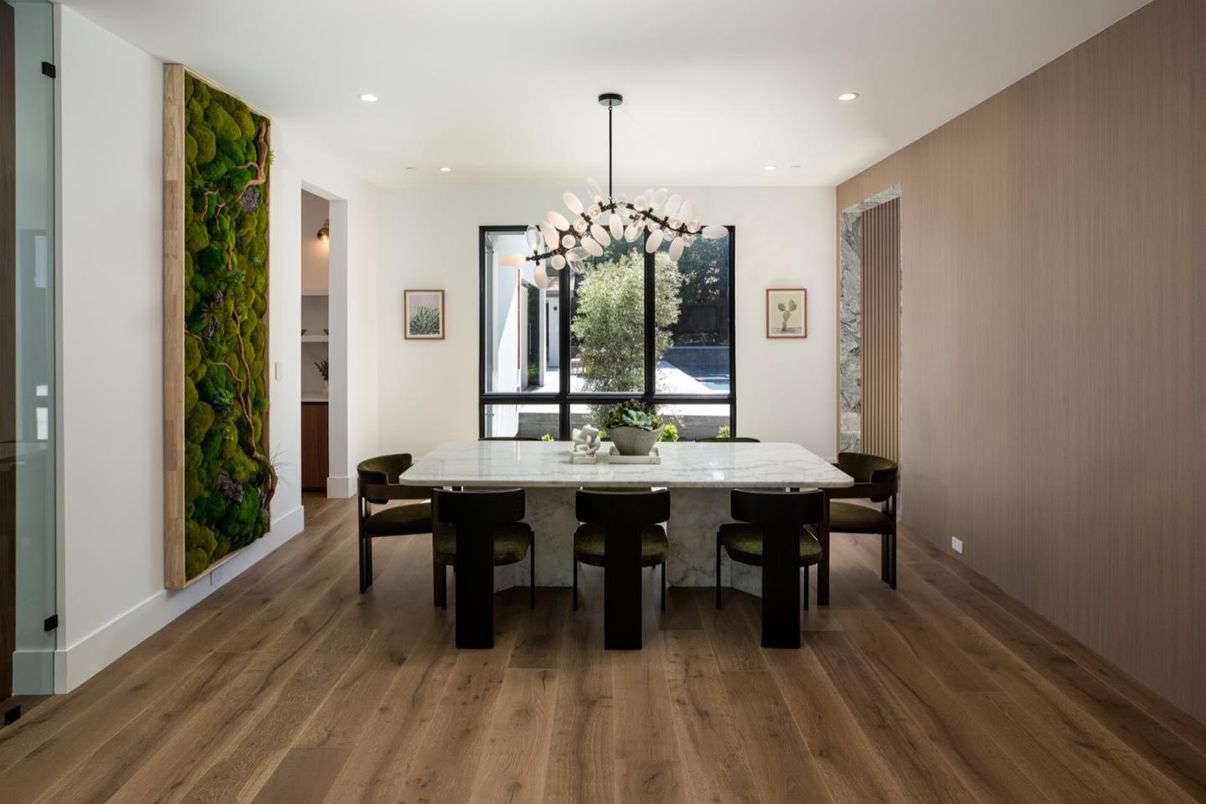 Dining room, Interior, Pendant Lights, Recessed Lighting, Wood Texture Flooring