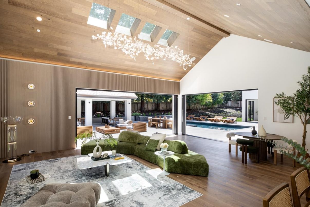Dining room, Interior, Living room, Pool, Recessed Lighting, Wooden Ceilings, Wood Texture Flooring
