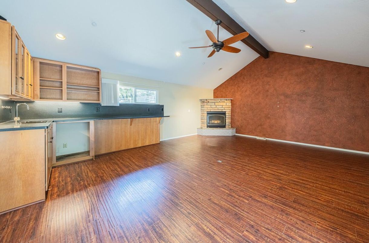 Empty room, Fireplace, Interior, Recessed Lighting, Wooden Beams, Wood Texture Flooring