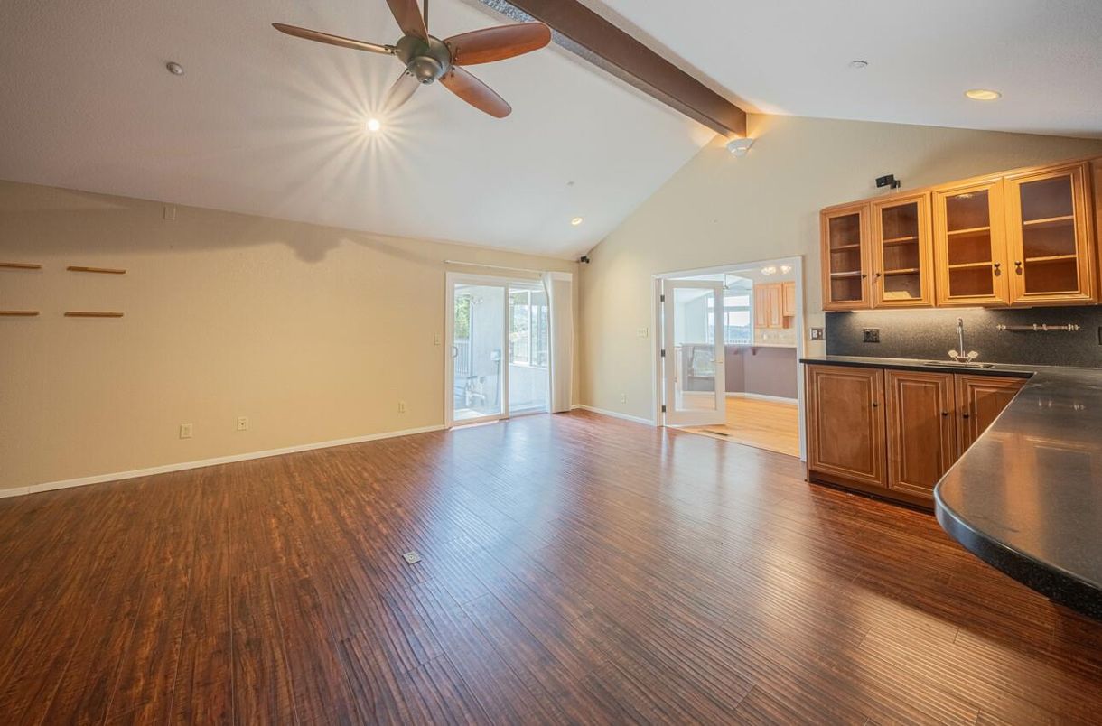 Empty room, Interior, Kitchen, Recessed Lighting, Wood Texture Flooring