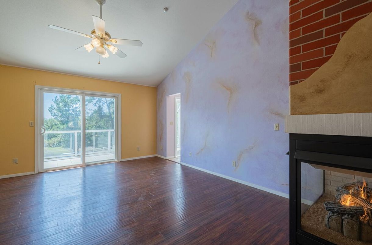 Empty room, Fireplace, Interior, Stone Walls, Wood Texture Flooring