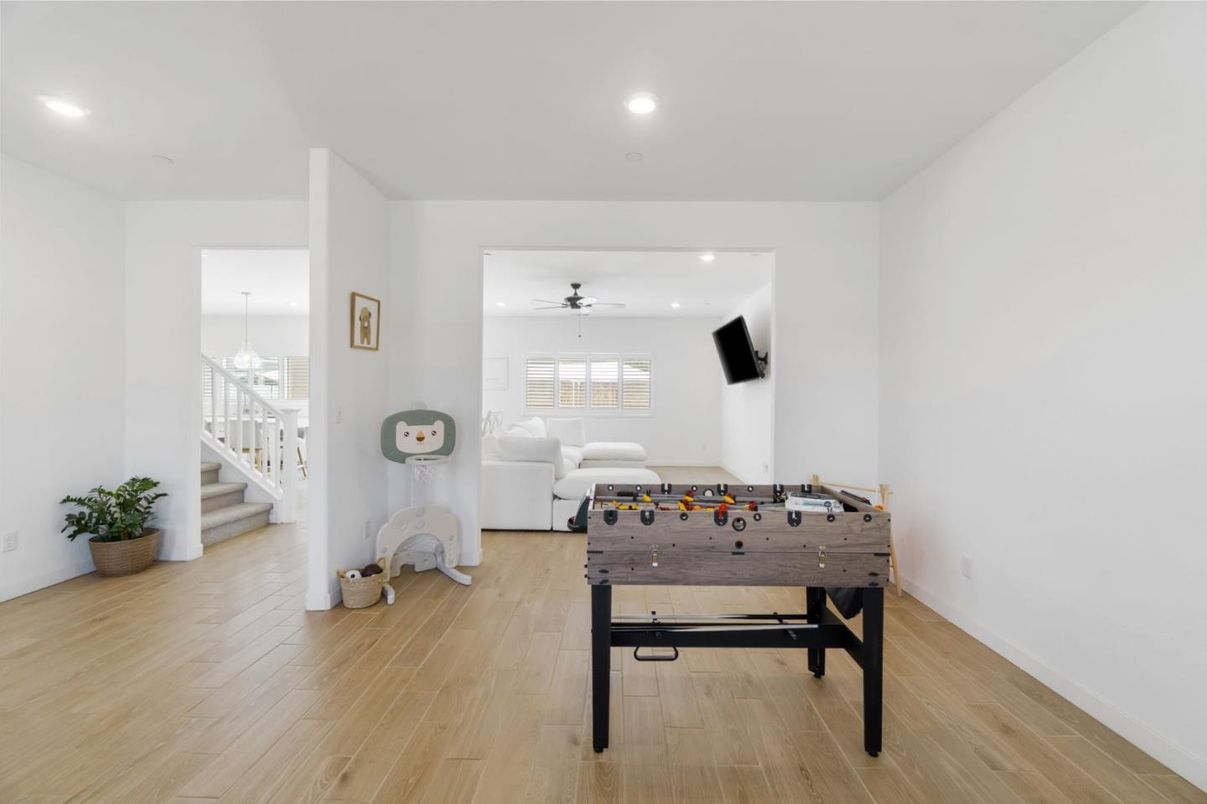 Chandelier, Game Room, Interior, Pendant Lights, Recessed Lighting, Wood Texture Flooring