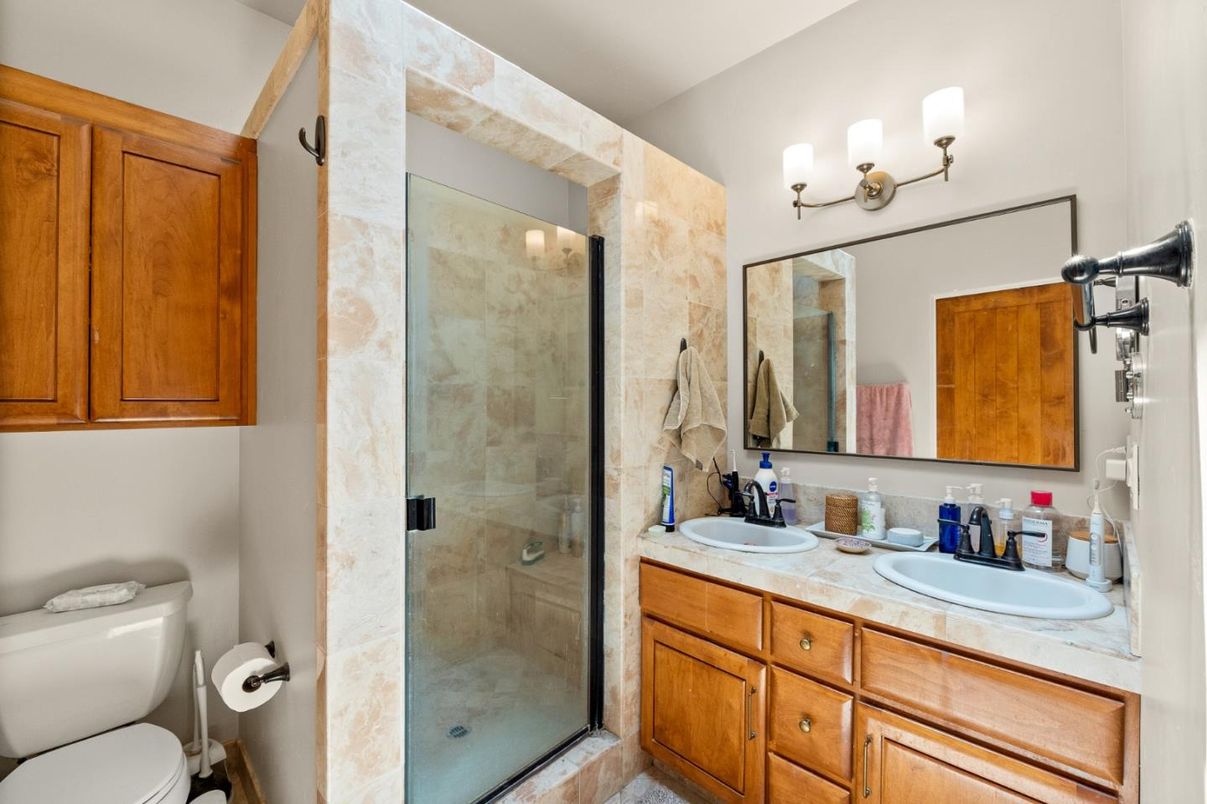 Bathroom, Dual Sink Vanities, Glass Shower, Interior, Tile Countertops