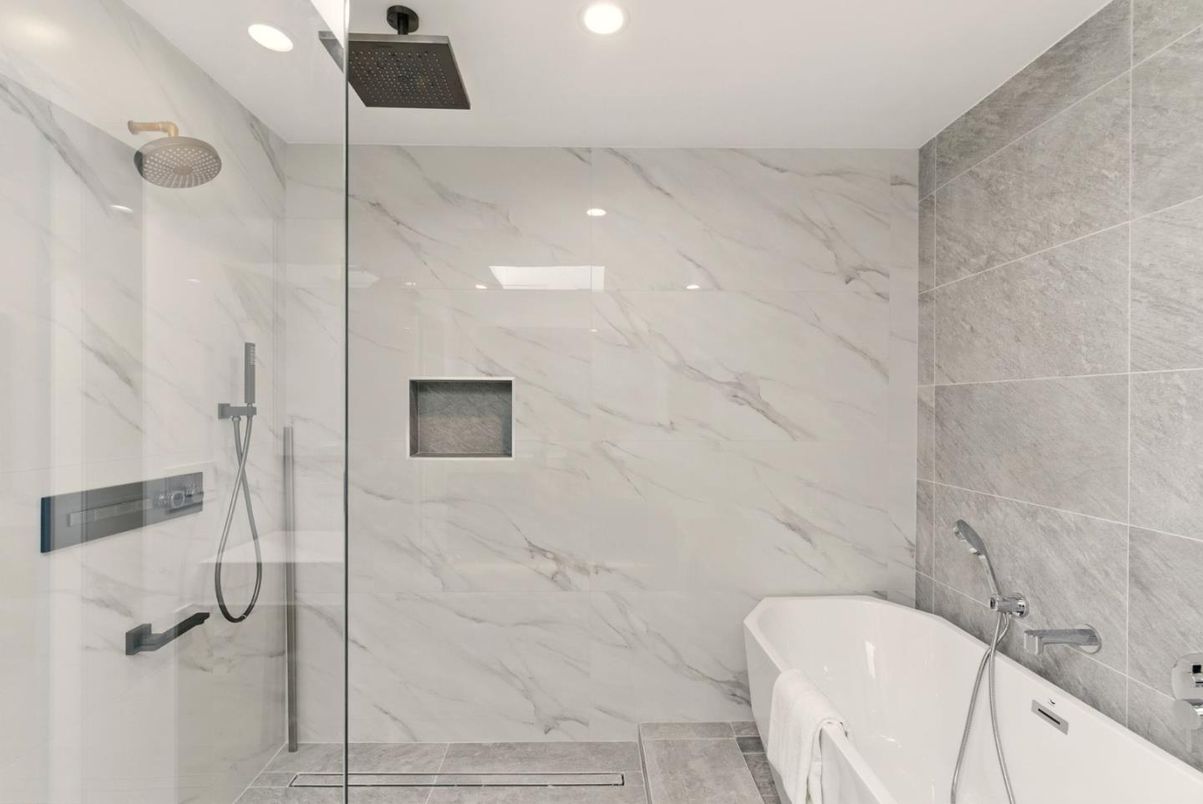Bathroom, Glass Shower, Interior, Marble Walls, Recessed Lighting