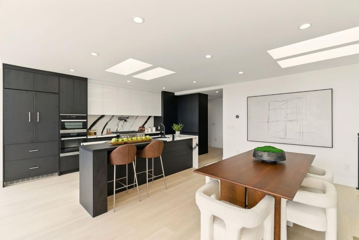 Dining room, Interior, Kitchen, Recessed Lighting, Stainless Steel Appliances, Wood Texture Flooring