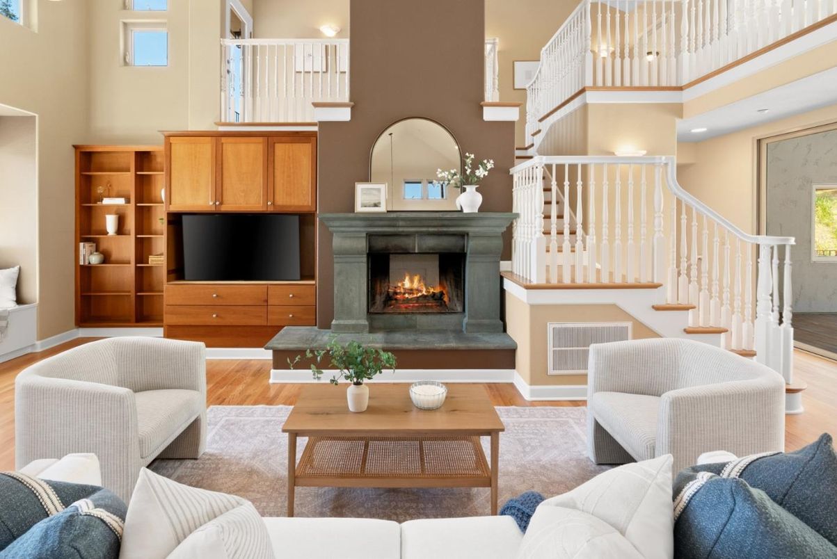 Fireplace, Interior, Living room, Pendant Lights, Recessed Lighting, Wood Texture Flooring