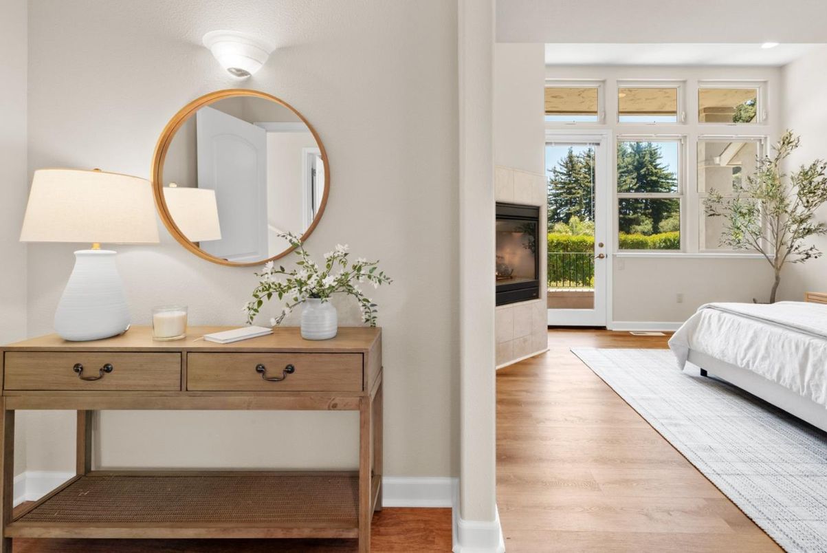Bedroom, Fireplace, Interior, Wood Texture Flooring