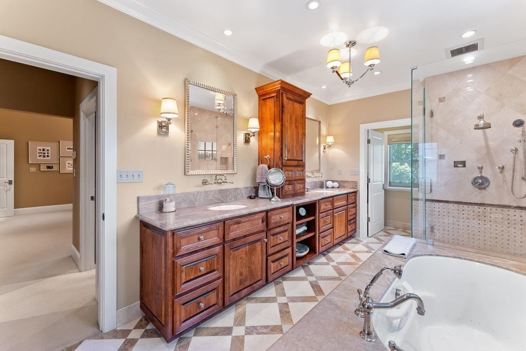 Bathroom, Chandelier, Dual Sink Vanities, Glass Shower, Interior, Recessed Lighting