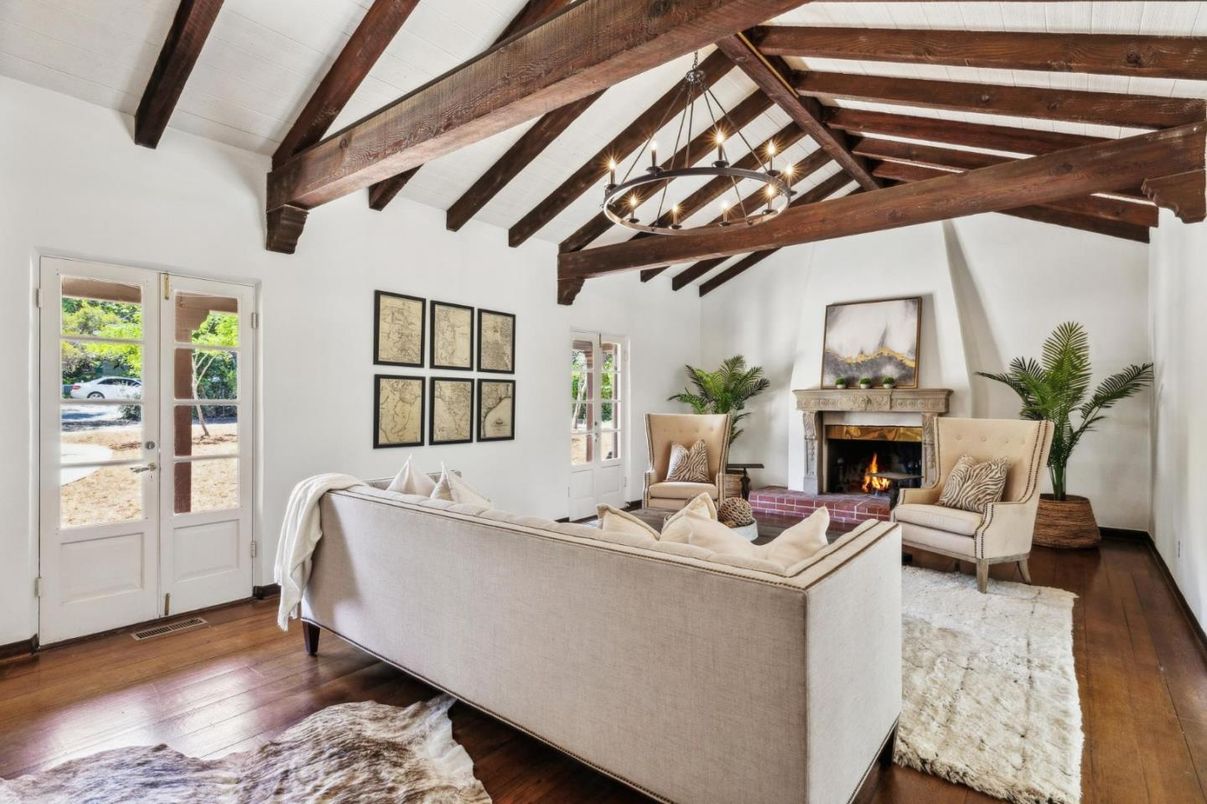 Chandelier, Fireplace, Interior, Living room, Wooden Beams, Wood Texture Flooring