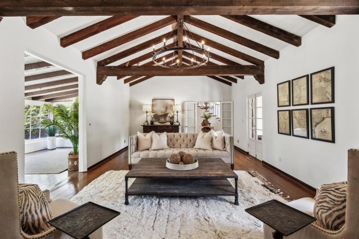 Chandelier, Interior, Living room, Wooden Beams, Wood Texture Flooring