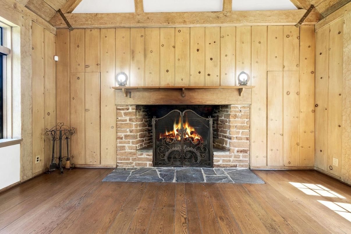 Empty room, Fireplace, Interior, Wood Texture Flooring, Wooden Walls