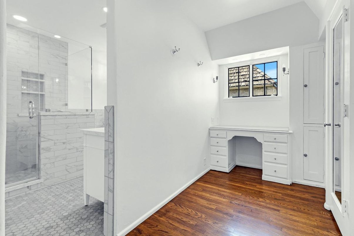 Bathroom, Glass Shower, Interior, Recessed Lighting, Wood Texture Flooring