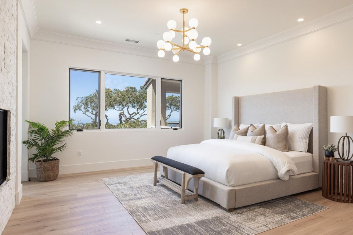 Bedroom, Interior, Pendant Lights, Recessed Lighting, Wood Texture Flooring
