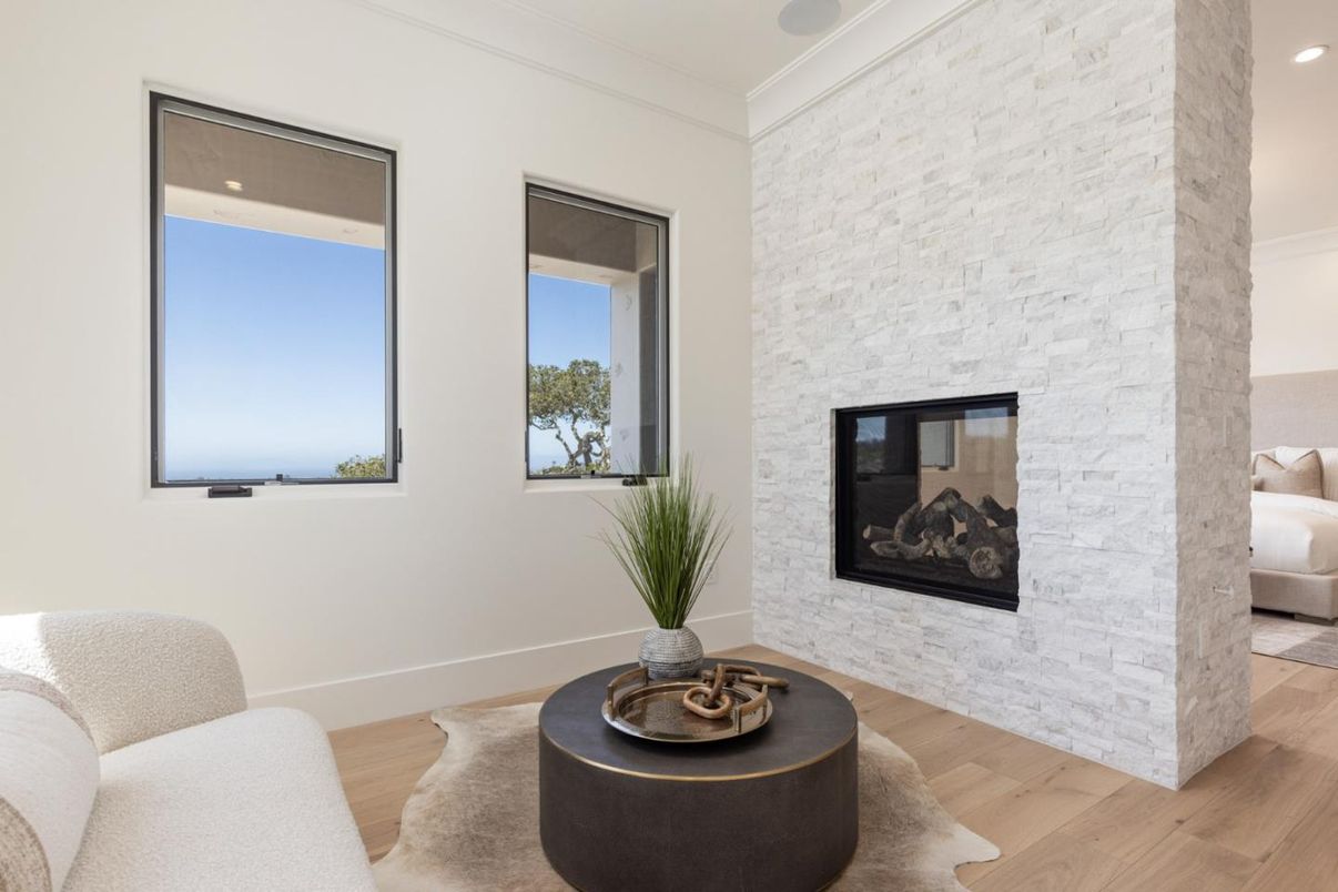Fireplace, Interior, Recessed Lighting, Stone Walls, Wood Texture Flooring